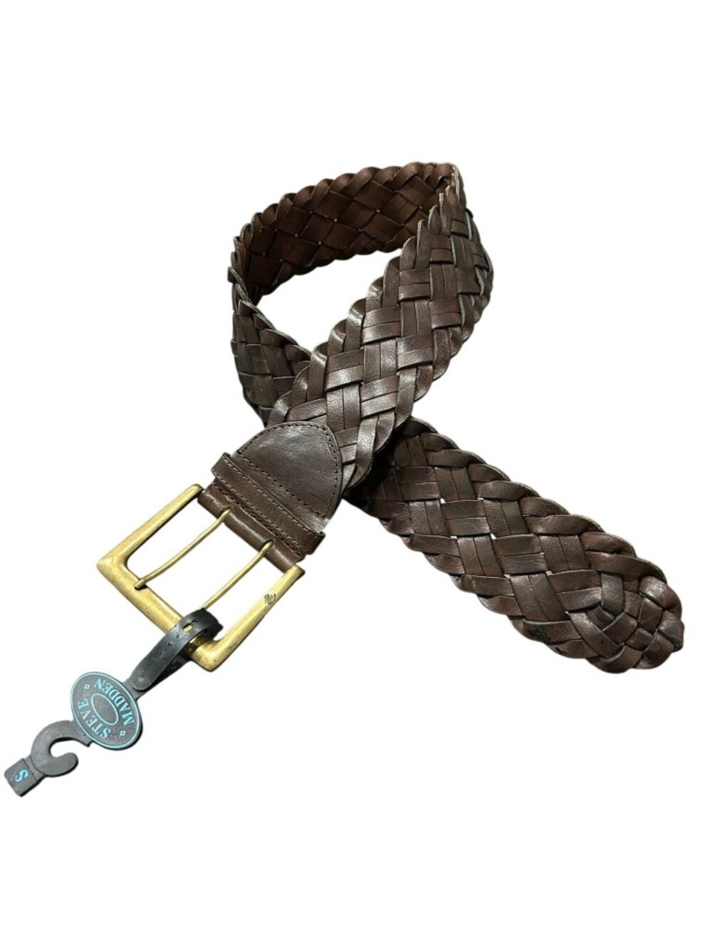 Steve Madden Small Vintage Boho Braided Brown Leather Belt Solid Brass Y2K